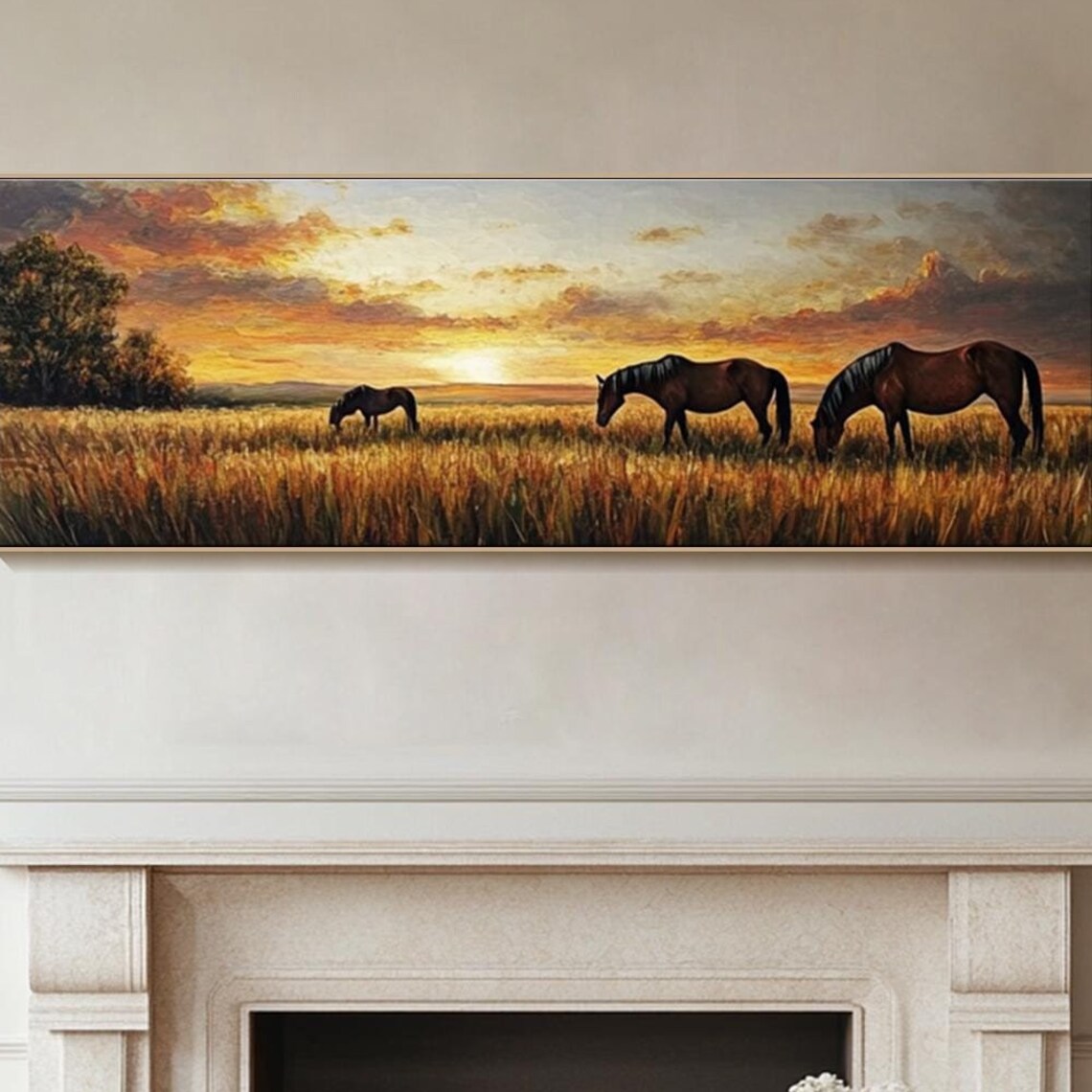 Three Horses Grazing In Golden Field At Sunset Nature Wall Art