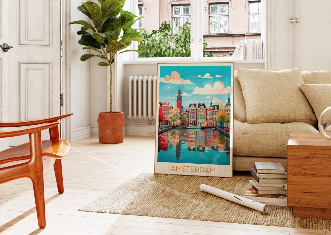 Amsterdam Canal Gabled Houses Clock Tower Daytime Travel Poster - Image 4