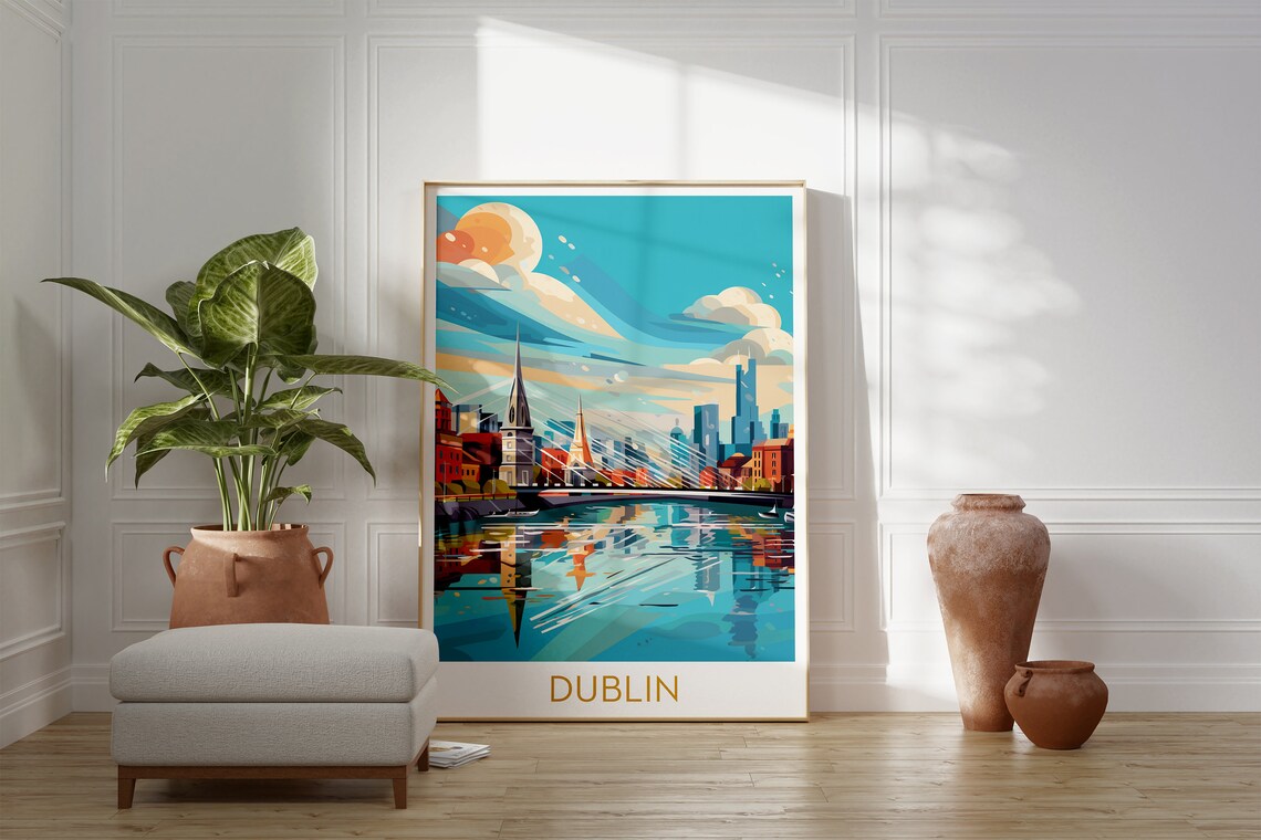 Dublin Ireland River Liffey Skyline Bridge Retro Travel Poster - Image 2