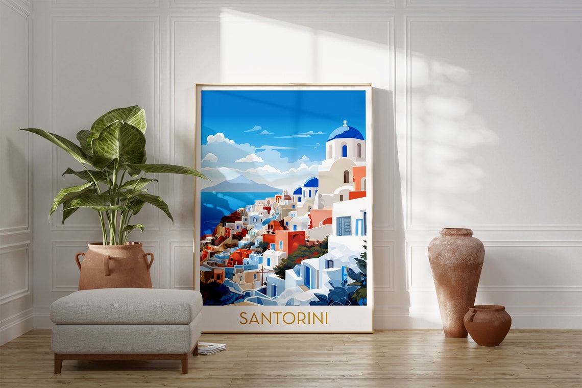 Santorini Greece Blue Domes Whitewashed Houses Pop Art Travel Poster - Image 2