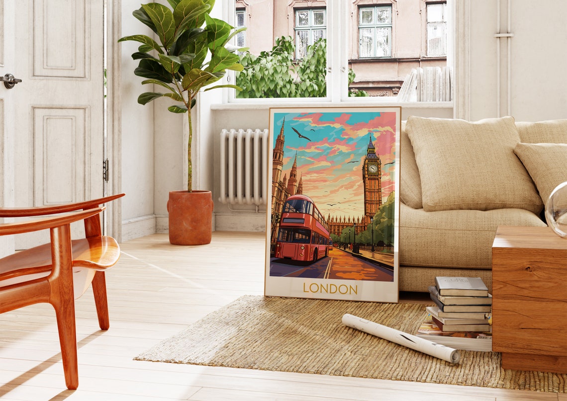 London England Travel Poster with Big Ben and Red Double Decker Bus - Image 4