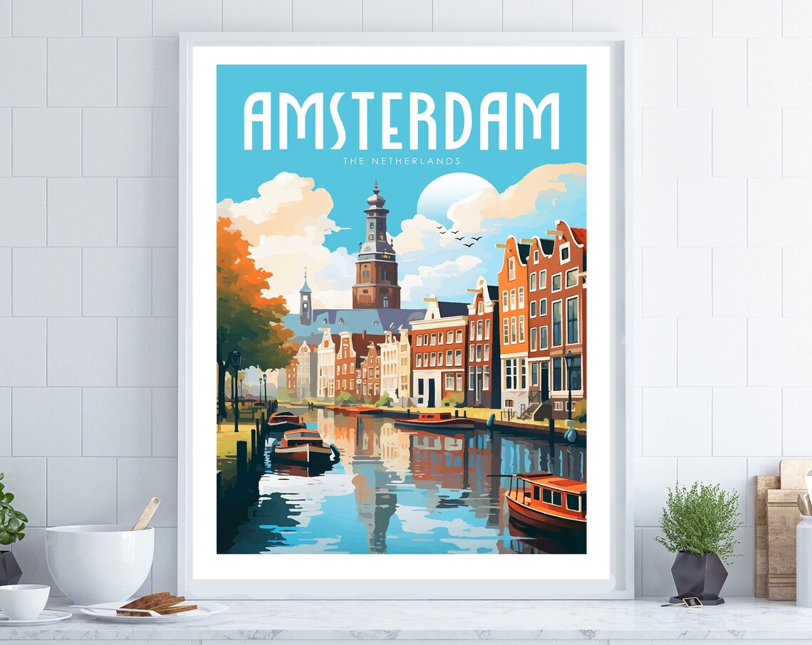Amsterdam Netherlands Canal Gabled Houses Boats Retro Travel Poster