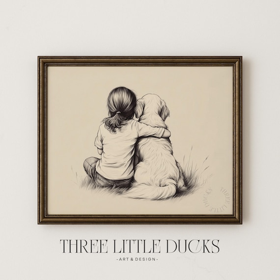 Little Girl Golden Retriever Art Sketch Print Dog Retro Puppy Drawing Girls Nursery Kids Room Decor 443