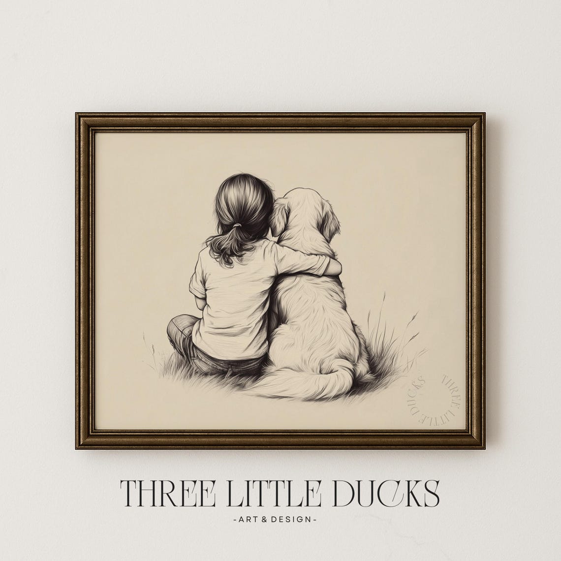 Little Girl Golden Retriever Art Sketch Print Dog Retro Puppy Drawing Girls Nursery Kids Room Decor 443
