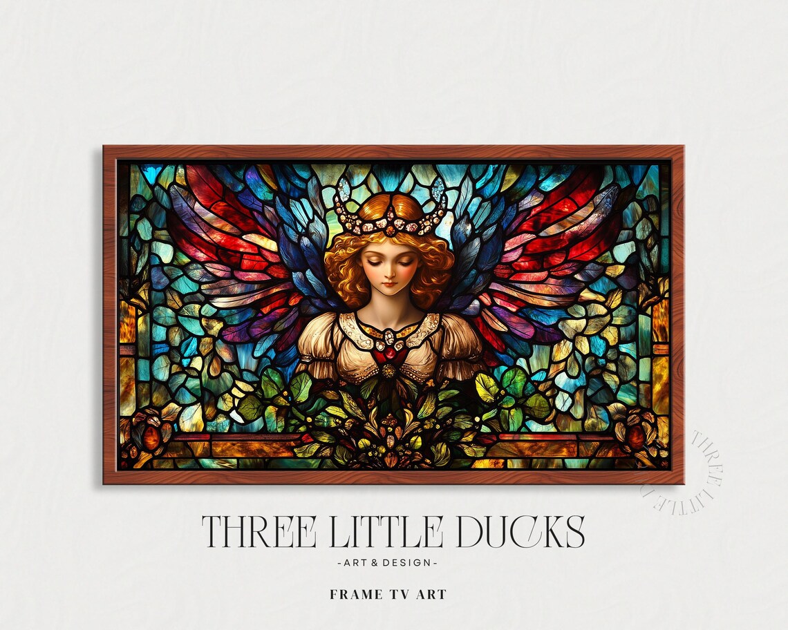 Victorian Stained Glass Angel Rich Jewel Tones Frame TV Wall Art