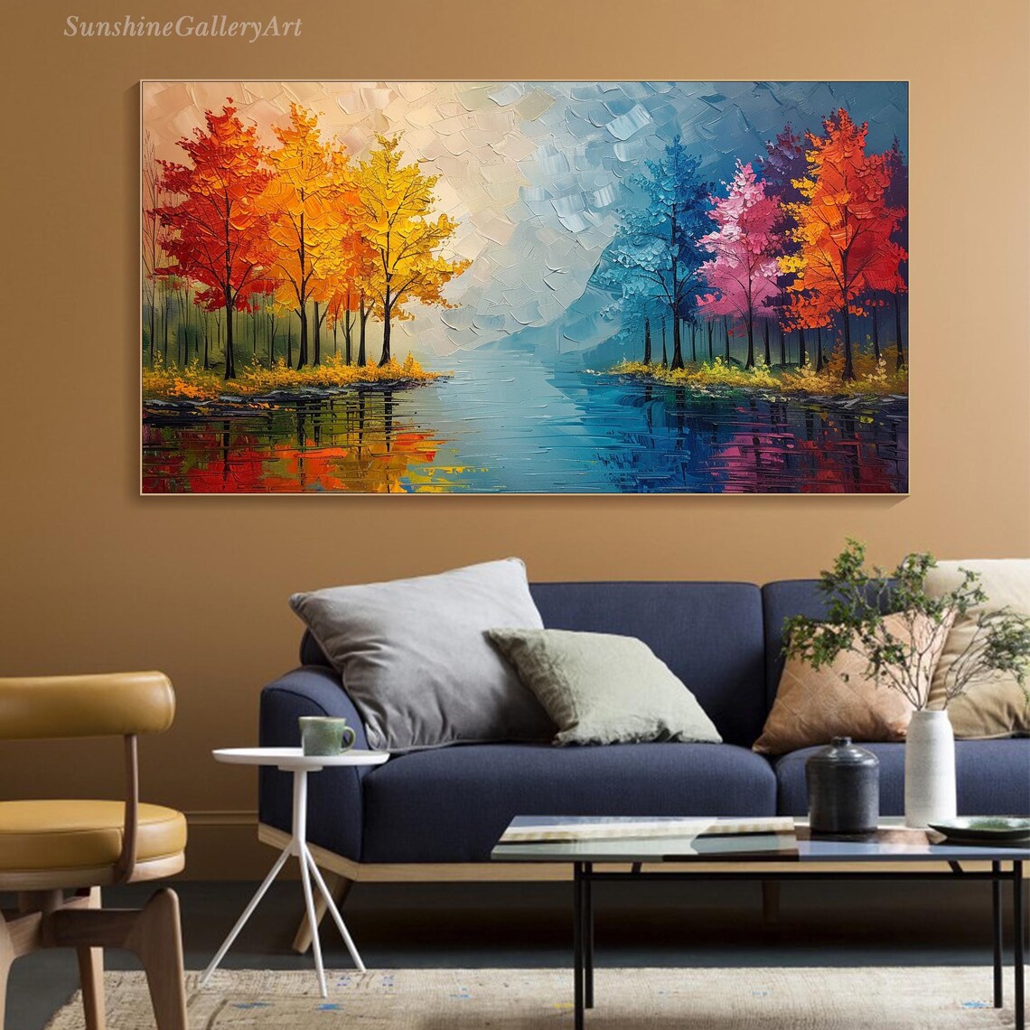 Rainbow Autumn Trees by the Lake Impasto Oil Painting Colorful Foliage Reflection Poster - Image 3