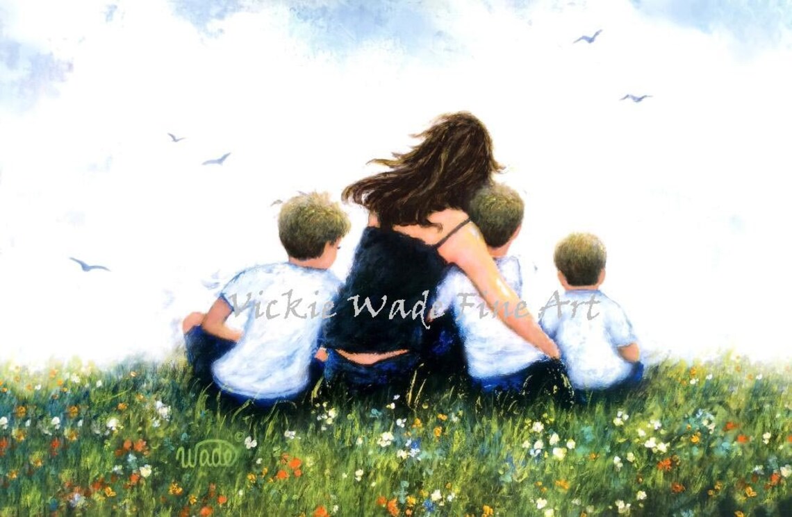 Mother Relaxing with Three Blonde Sons in a Wildflower Meadow Poster