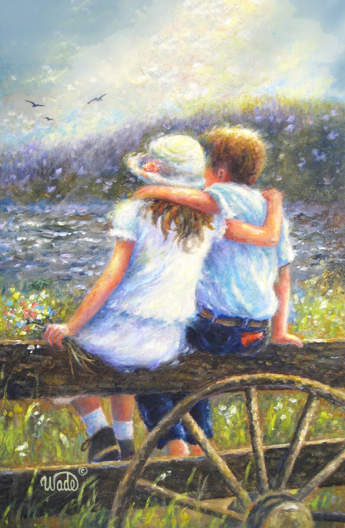 Boy and Girl Sitting on a Rustic Fence by a Lavender Field Poster
