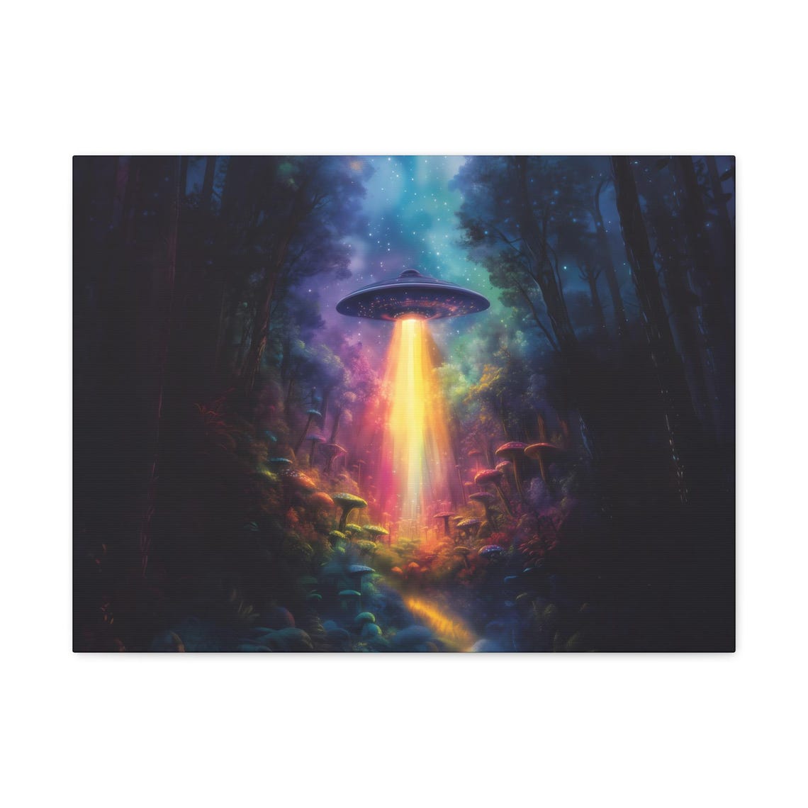 Glowing UFO Over Colorful Mushroom Forest on Starry Night Poster - Image 3