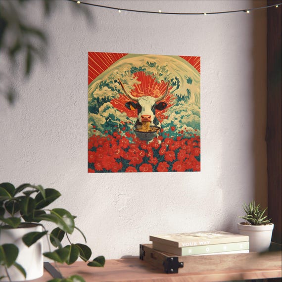 Maximalist Eclectic Ramen Cow Poster Print Bold Altered Animal Portrait Fantasy Fun Colorful Renaissance Rustic Art