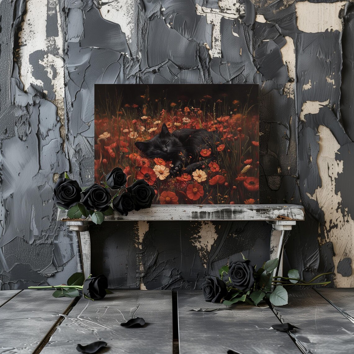 Black Cat Sleeping in Red Autumn Flowers Cozy Dark Floral Halloween Wall Art