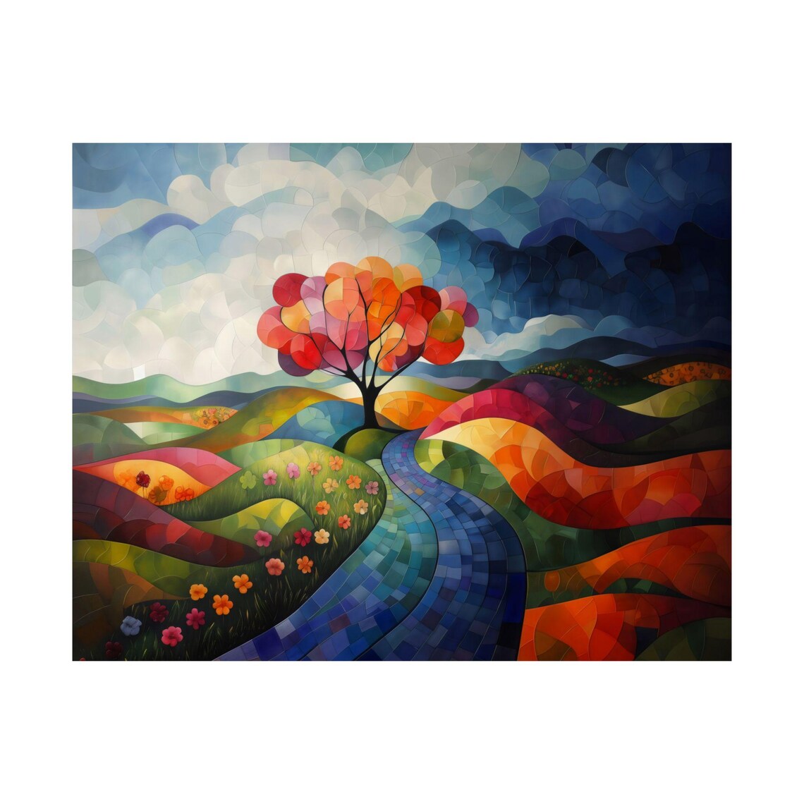 Stained Glass Style Spring Tree With Rainbow Hills And Flower Field Poster - Image 3
