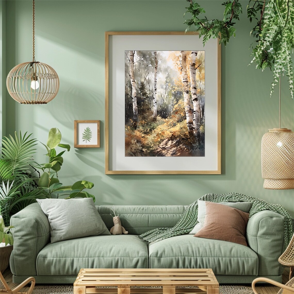 Autumn Birch Grove Golden Ferns Woodland Watercolor Painting Poster - Image 3