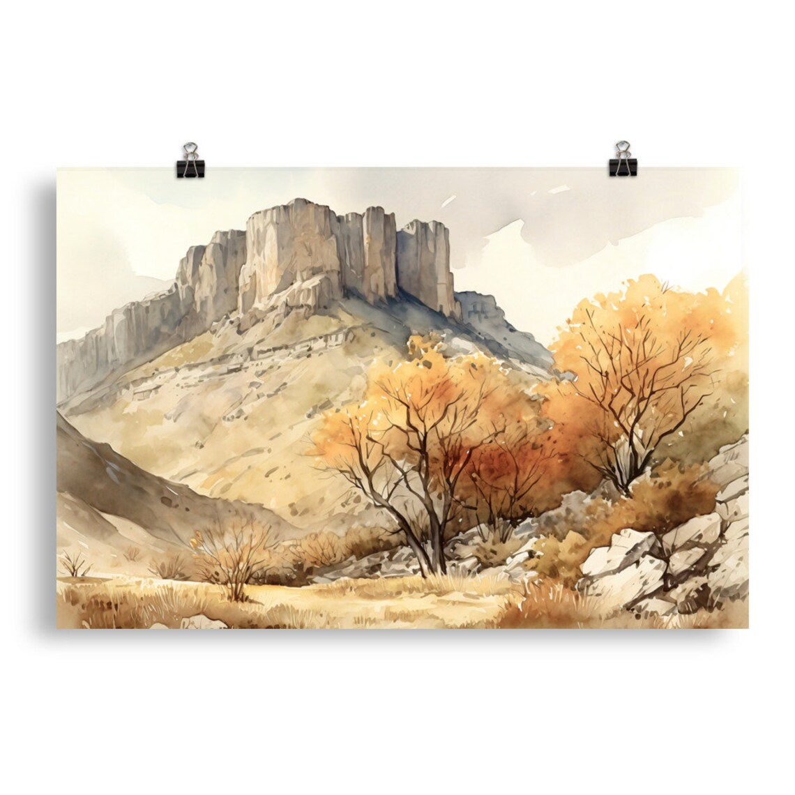 El Capitan Cliff Autumn Trees Golden Meadow Watercolor Desert Poster - Image 5
