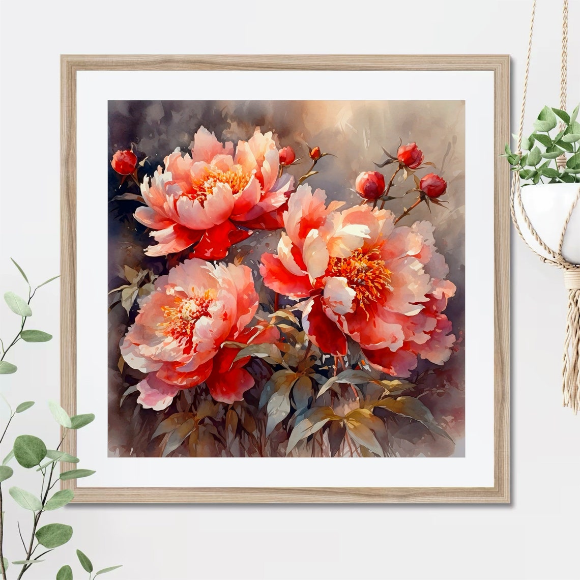 Coral Peony Blooms Close Up Blossoms Buds Watercolor Floral Poster - Image 2