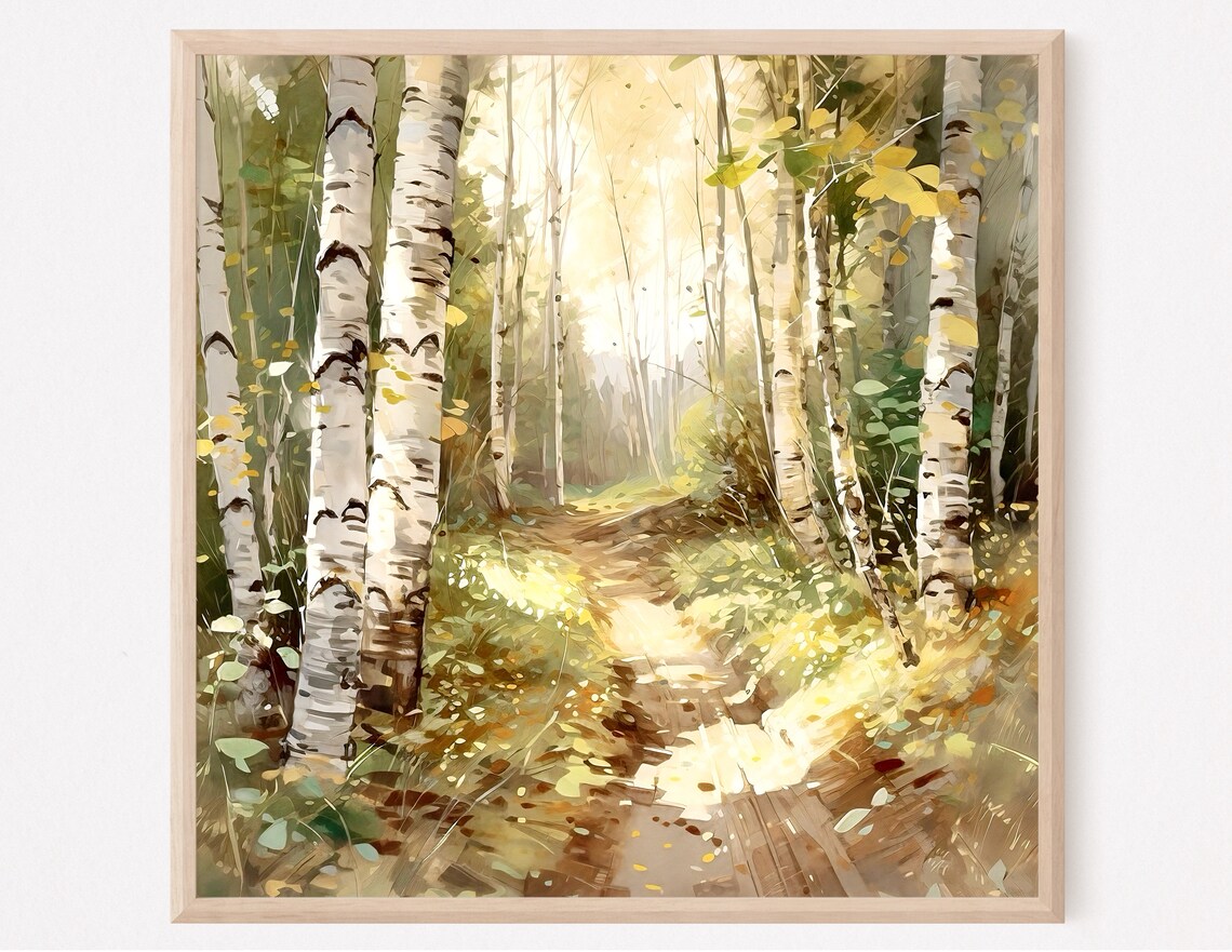 Birch Woods Watercolor Art Print, Fall Landscape