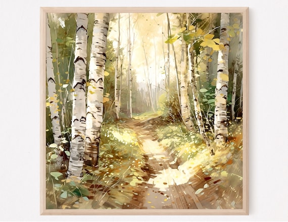 Birch Woods Watercolor Art Print, Fall Landscape