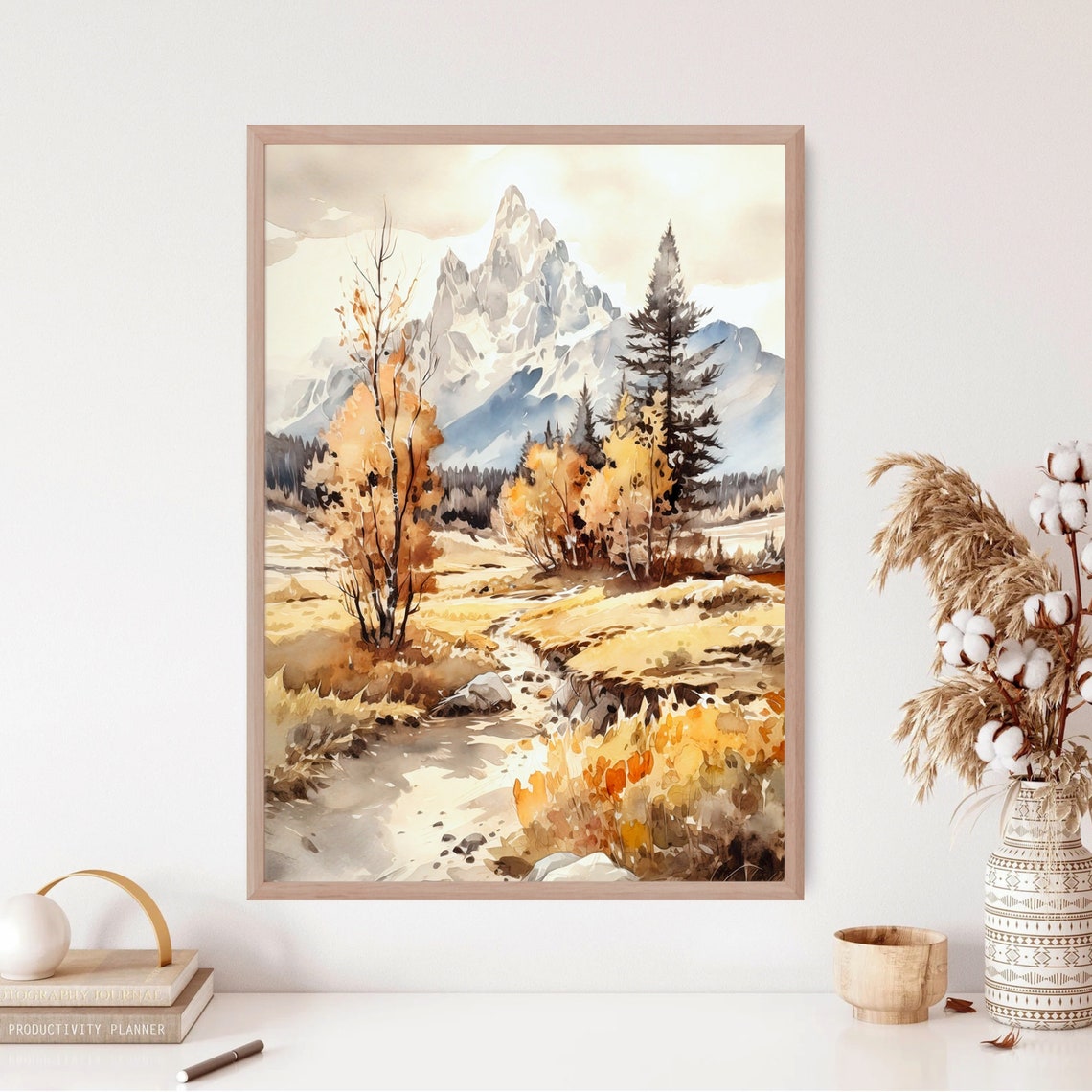 Golden Autumn Valley Stream Rugged Peak Fall Watercolor Poster - Image 5