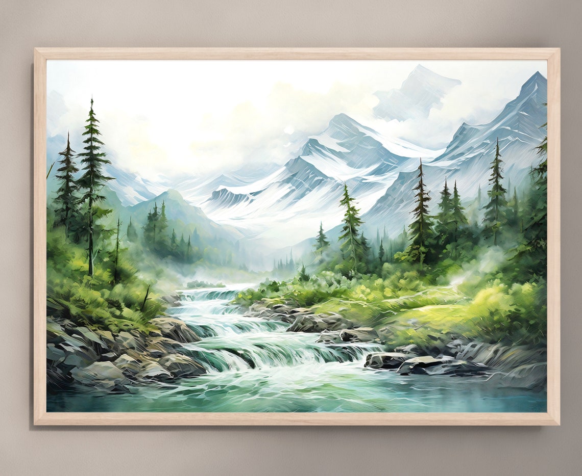 Rushing Mountain River with Rapids and Snowy Peaks Watercolor Poster - Image 3