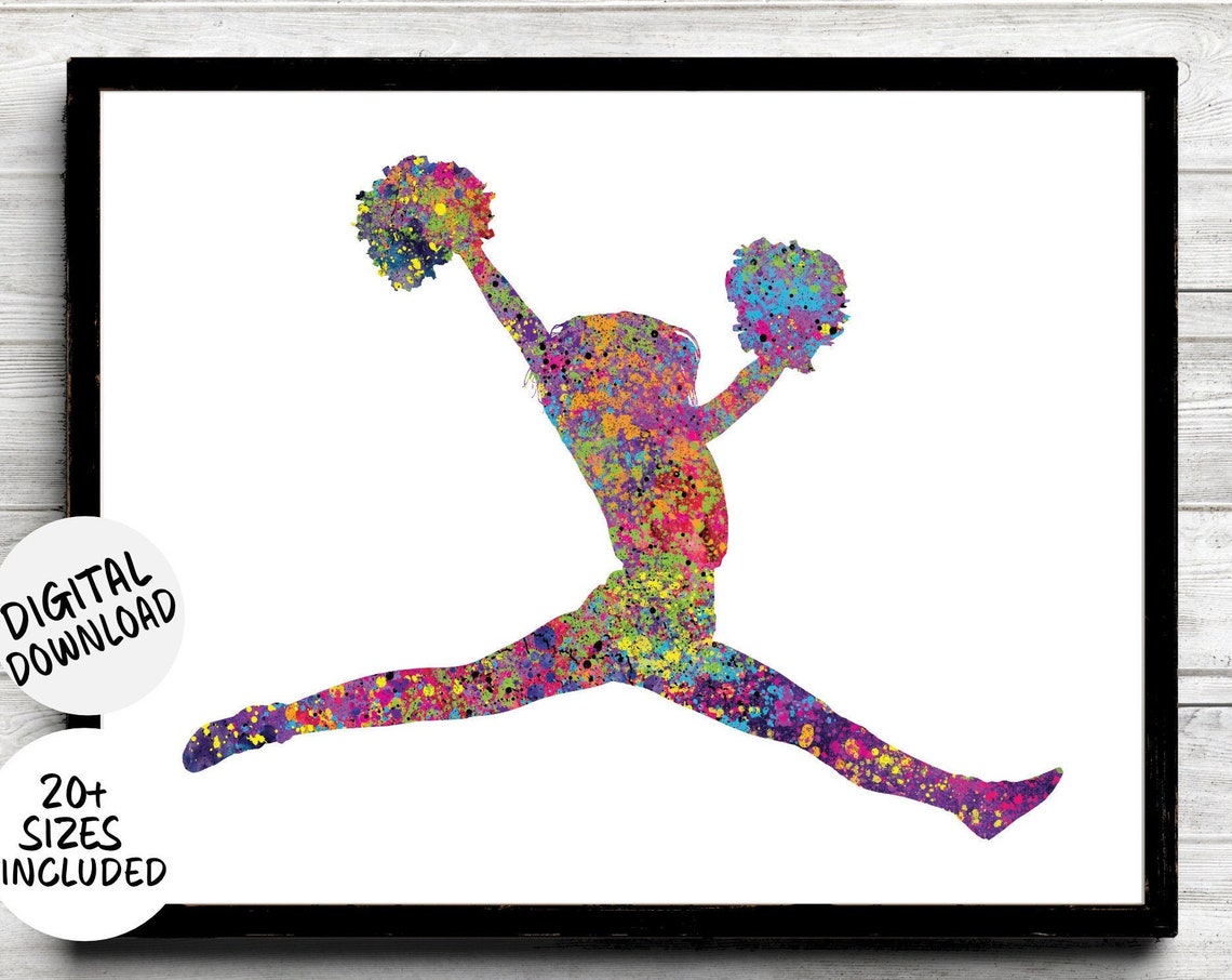 Cheerleader Split Jump Pom Pom Silhouette Splatter Sport Poster