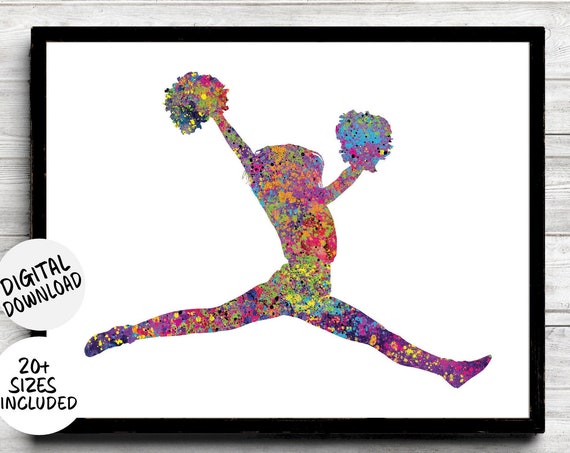 Cheerleader Split Jump Pom Pom Silhouette Splatter Sport Poster