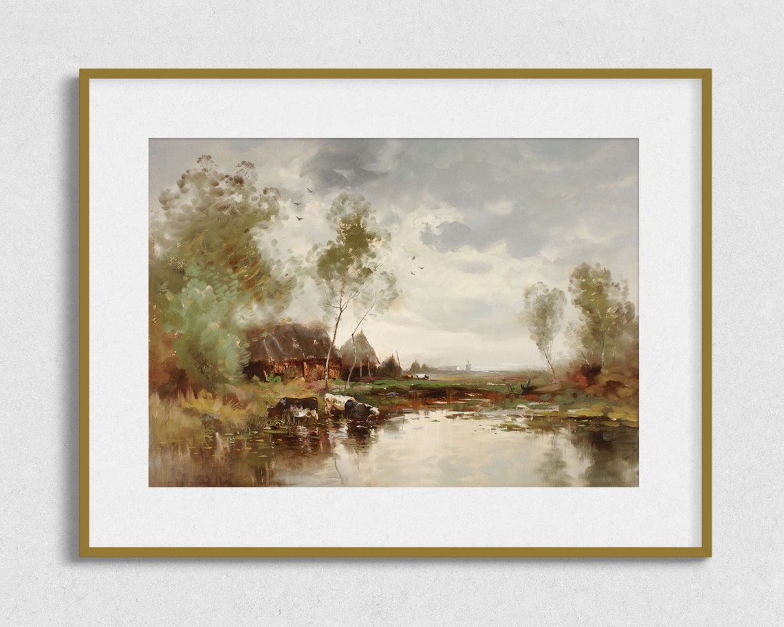 Cows Watering At Pond Thatched Farm Vintage Landscape Painting Poster - Image 2