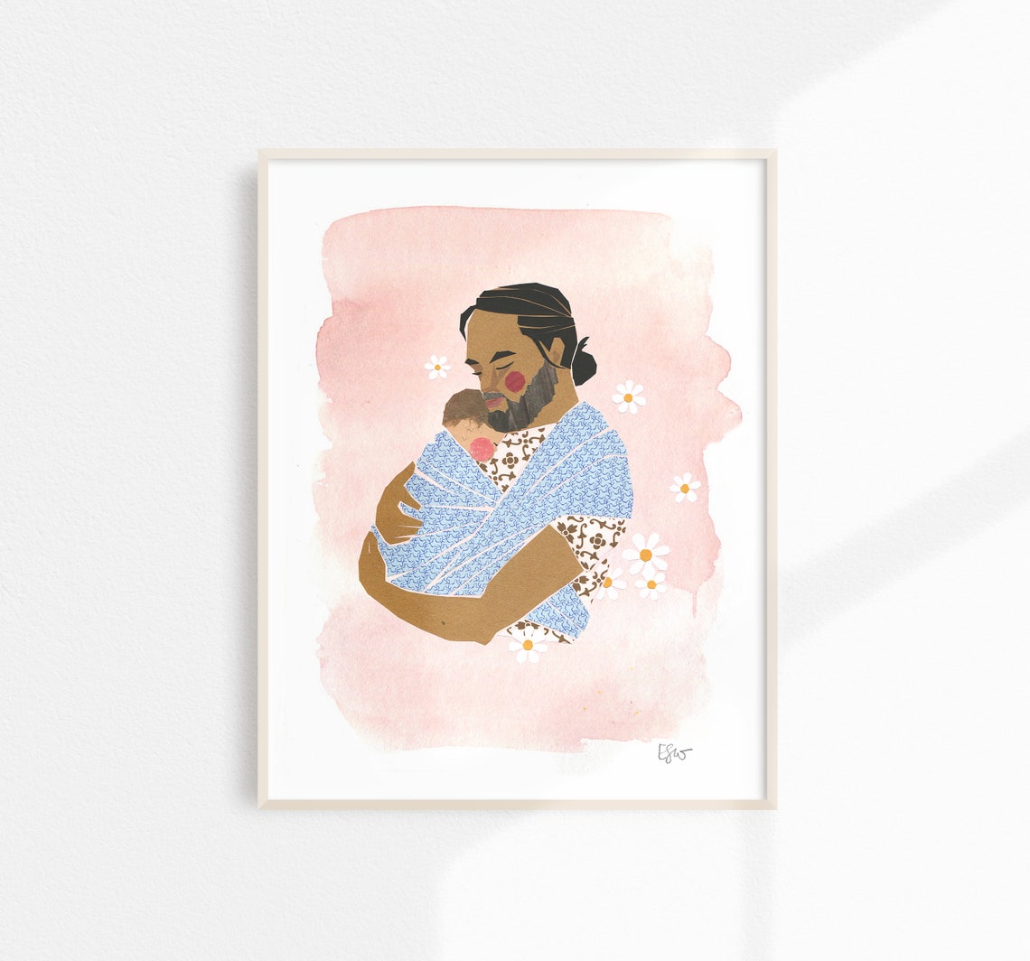 Watercolor Dad Holding Baby Pink Blush Nursery Portrait Print