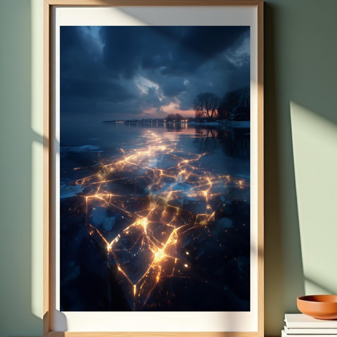 Frozen Lake Glowing Cracked Ice Winter Night Landscape Poster