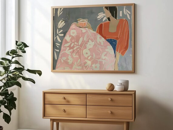 Woman Tea Cup Orange Top Pink Floral Cloth Contemporary Poster