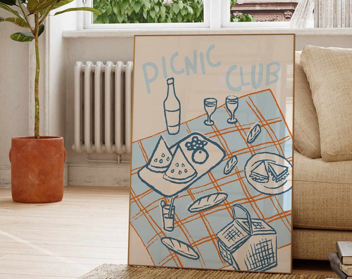 Picnic Club Blue Orange Illustrated Summer Gathering Art Poster - Image 3