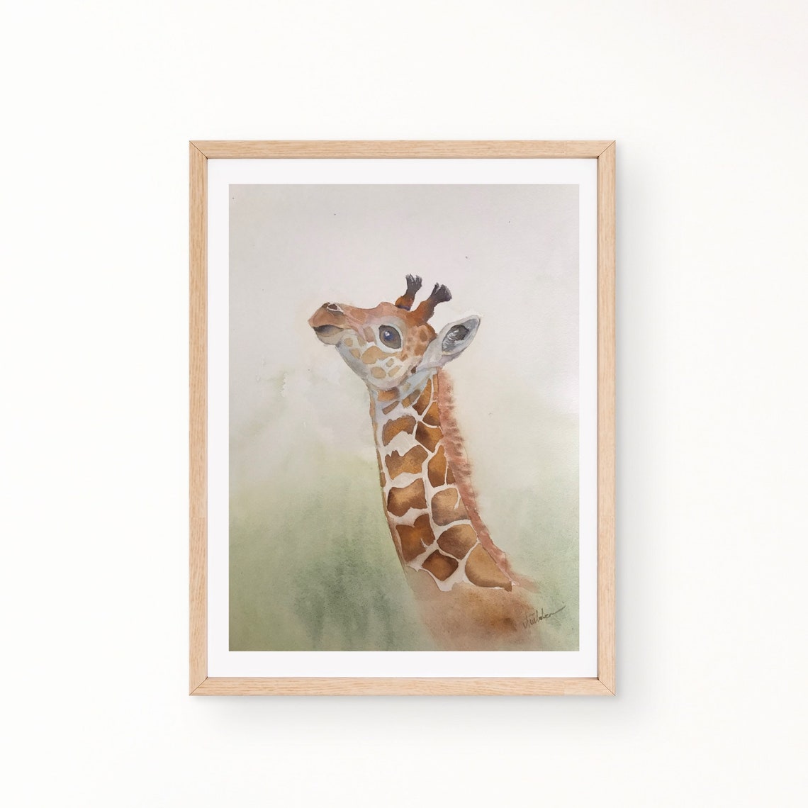 Curious Baby Giraffe Portrait in Soft Neutral Watercolor Poster