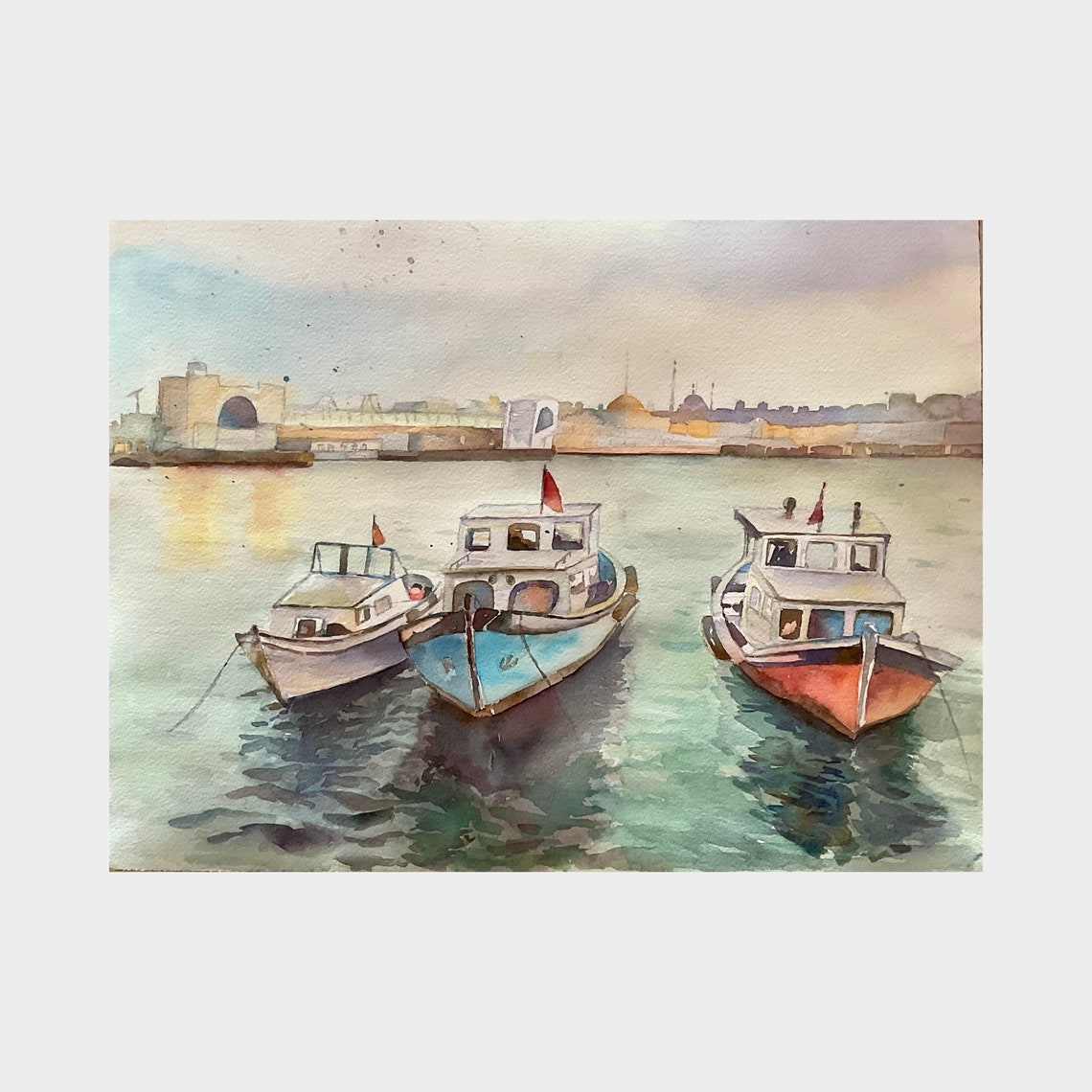 Istanbul Harbor Watercolor Three Boats on Calm Water Travel Poster