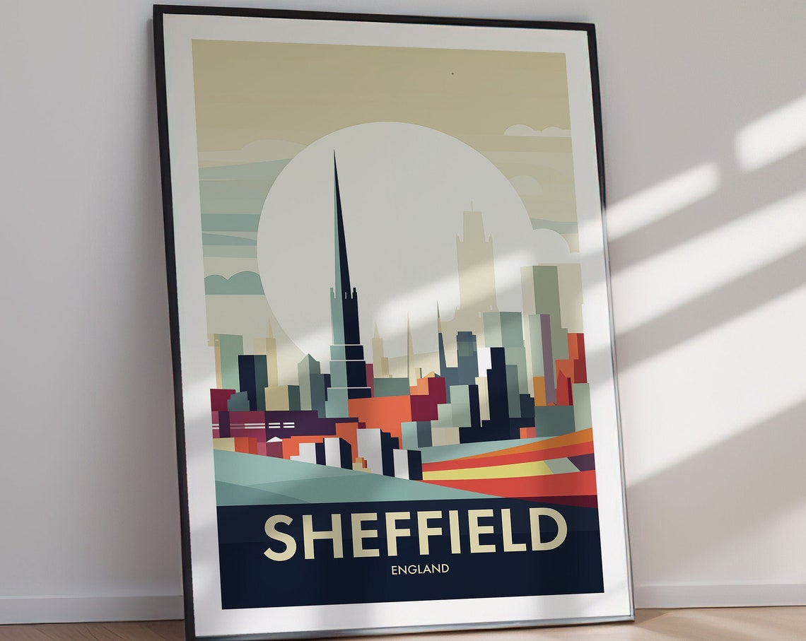 Sheffield England Vintage Sunset Skyline Cathedral Spire Poster - Image 2