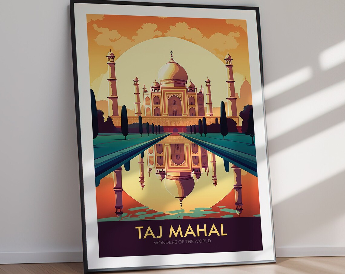 Taj Mahal India Golden Sunset Reflection Pool Travel Art Poster - Image 2