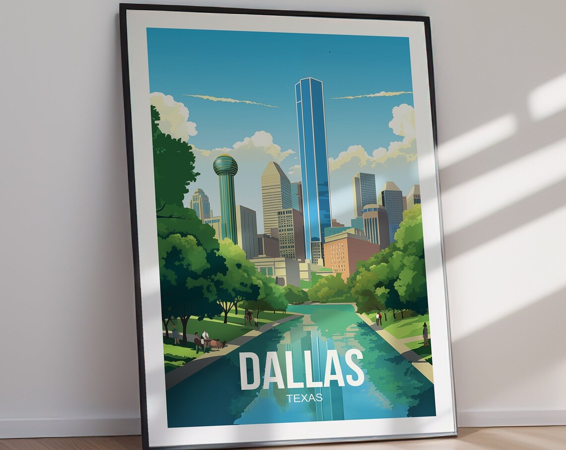 Dallas Texas Skyline Park Canal Retro Travel Poster Green Artwork - Image 2