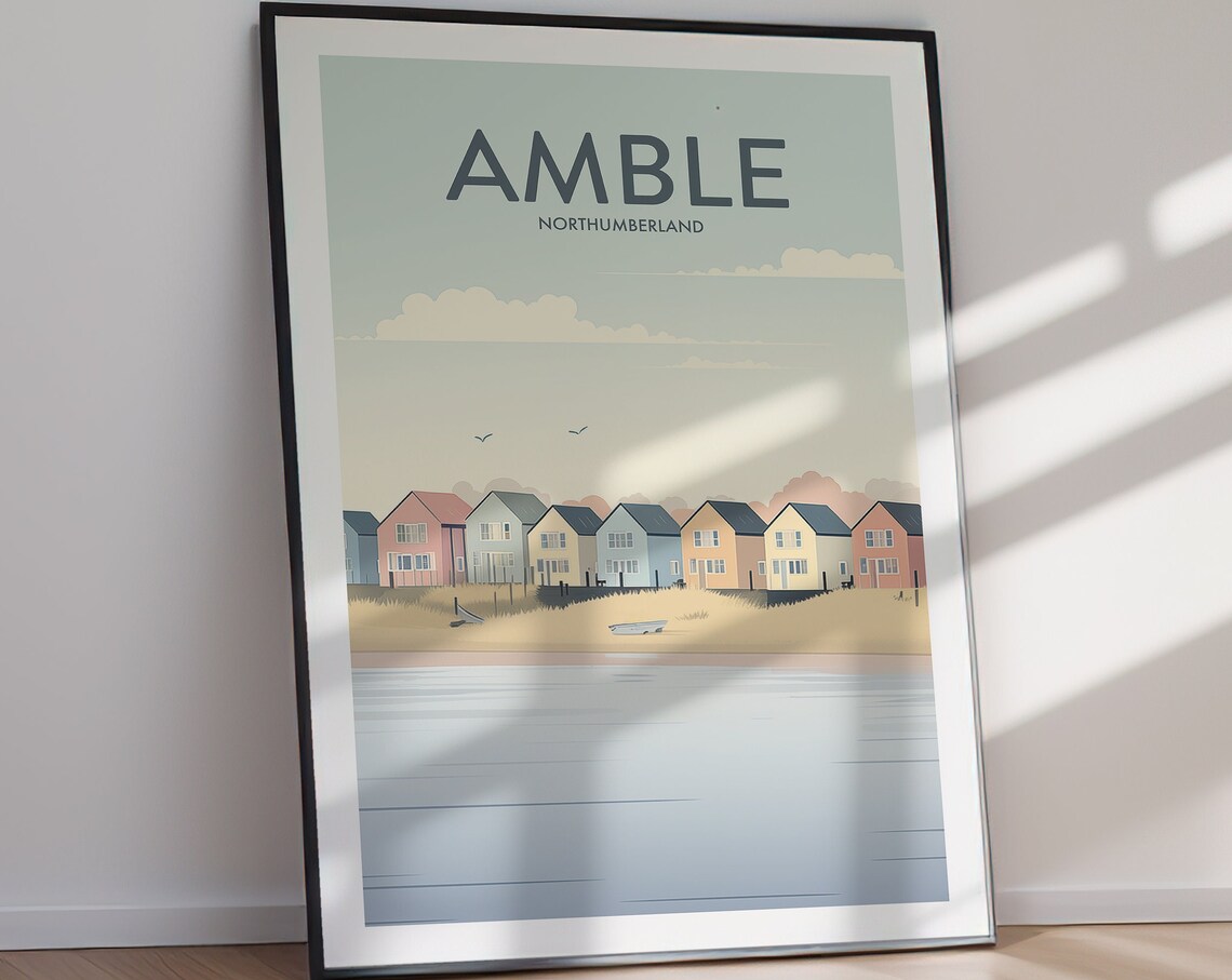 Amble Northumberland Pastel Beach Houses Waterfront Travel Poster - Image 2