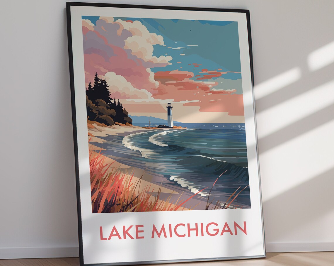 Lake Michigan Travel Poster, Lake and Shoreline Print - Image 3