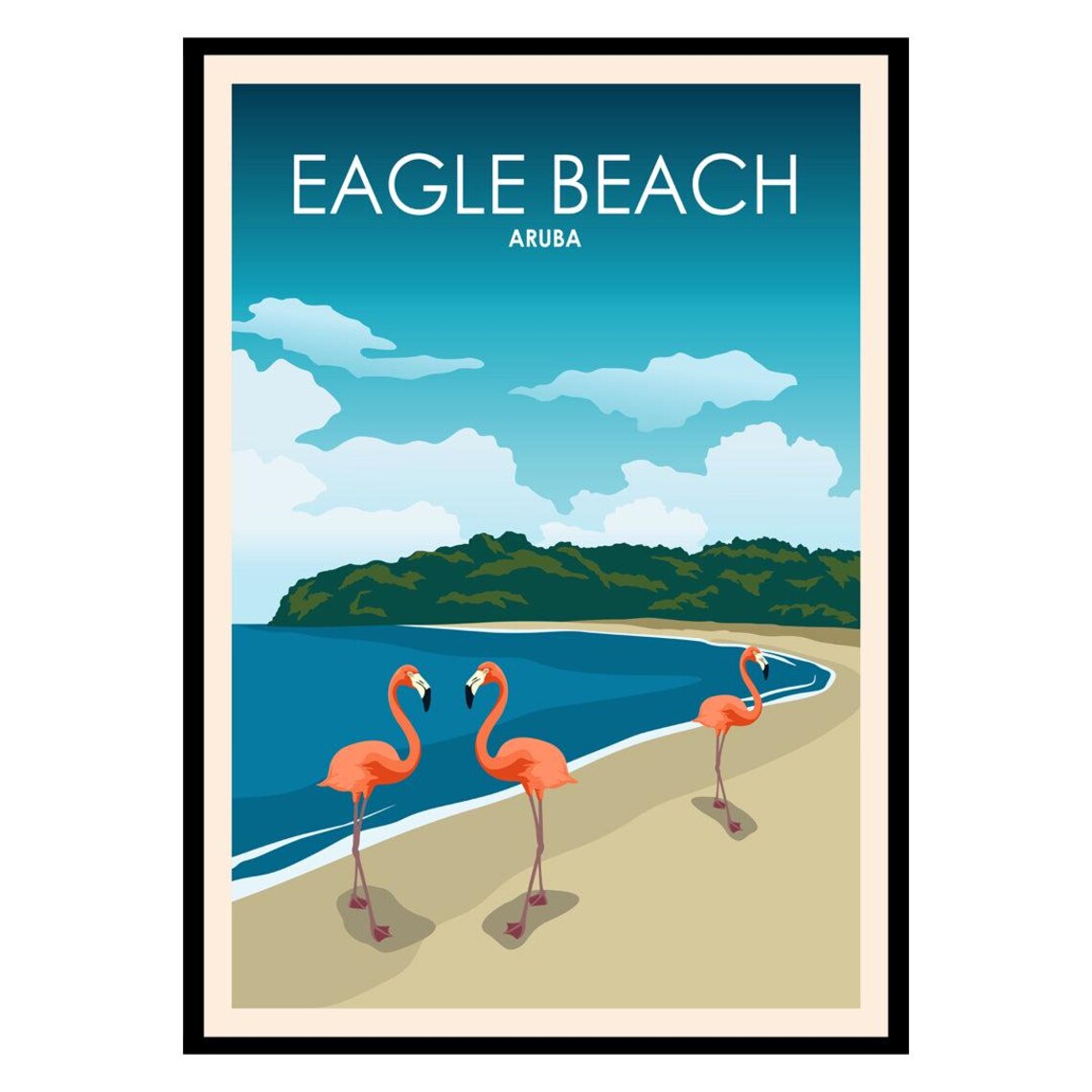 Eagle Beach Aruba Flamingos Tropical Vintage Caribbean Travel Poster
