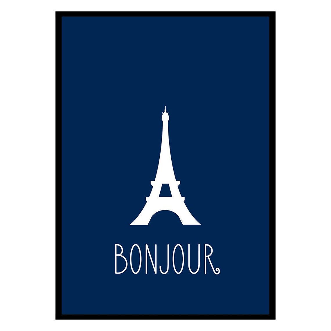 Bonjour Paris Eiffel Tower Navy Blue Minimalist French Wall Art