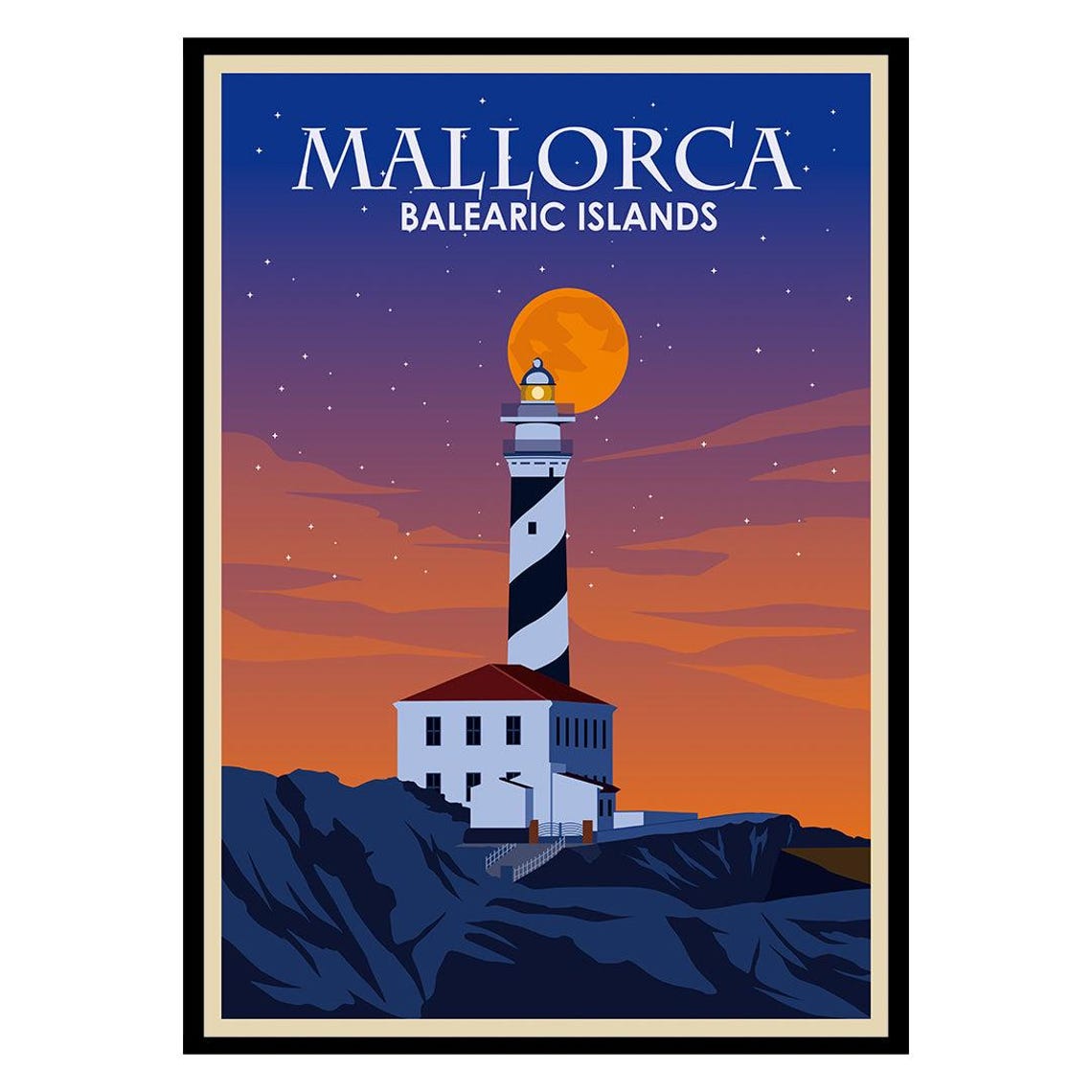 Mallorca Balearic Islands Lighthouse Sunset Vintage Travel Poster
