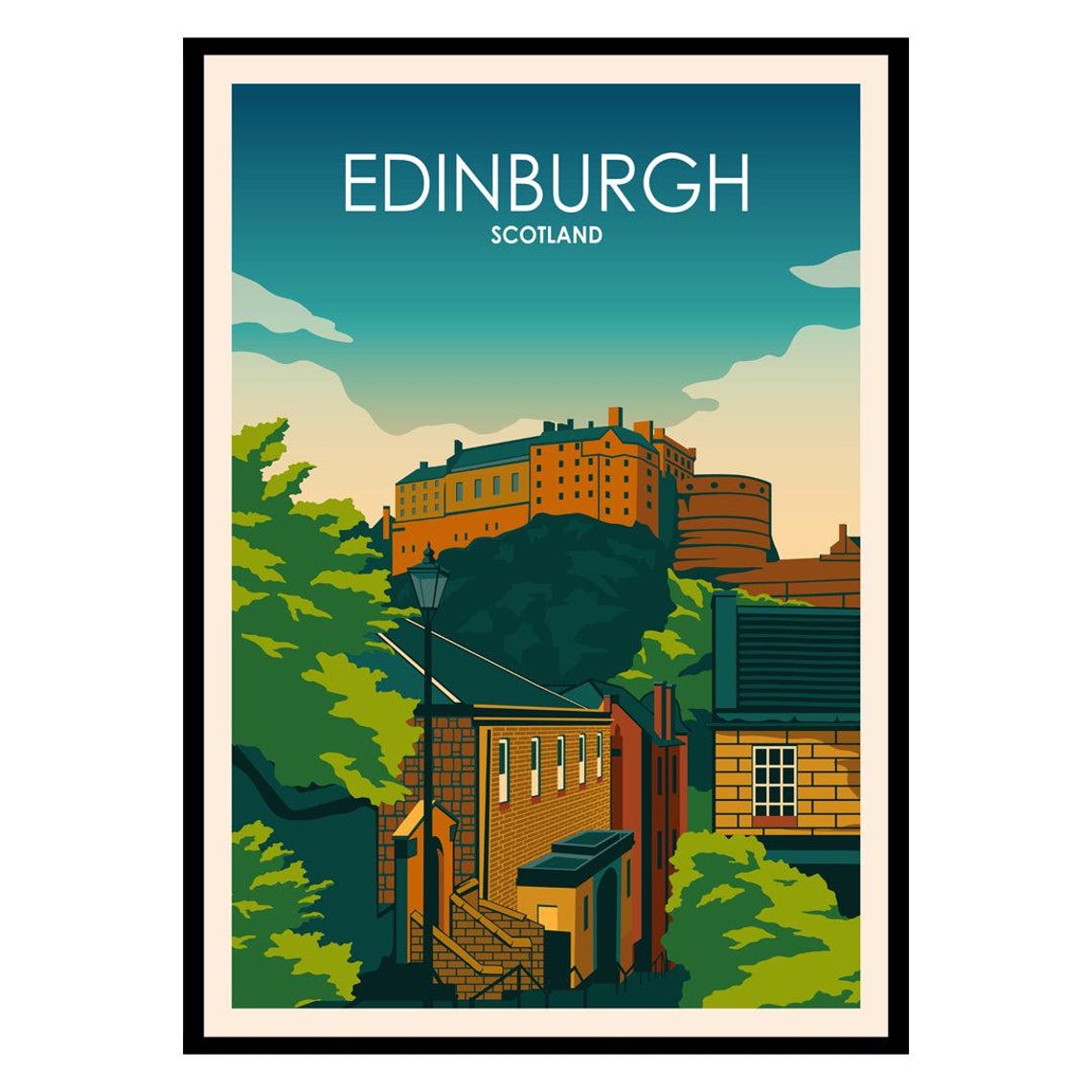 Edinburgh Scotland Vintage Castle Illustration Travel Poster