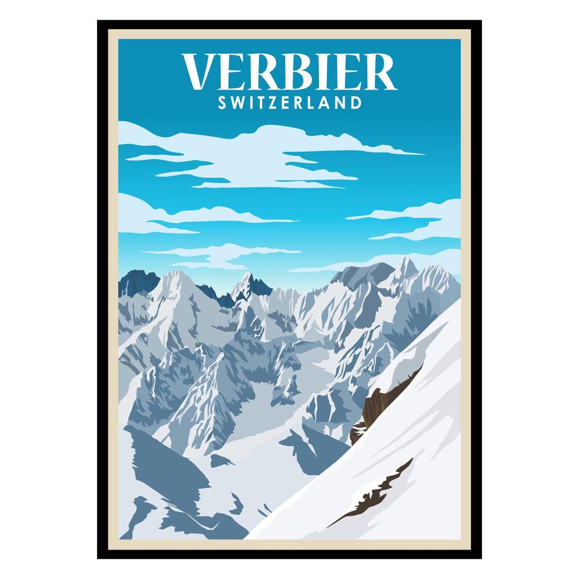 Verbier Switzerland Alps Snow Peaks Vintage Ski Travel Poster