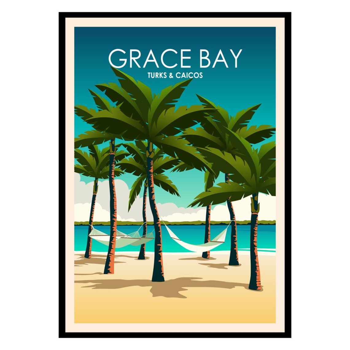 Grace Bay Turks And Caicos Vintage Travel Poster Tropical Beach Hammock Palm