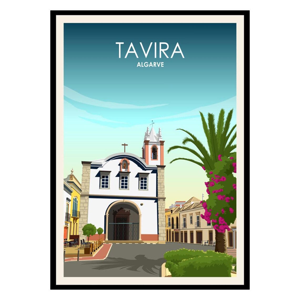Tavira Algarve White Church Vintage Travel Poster Portugal Scene