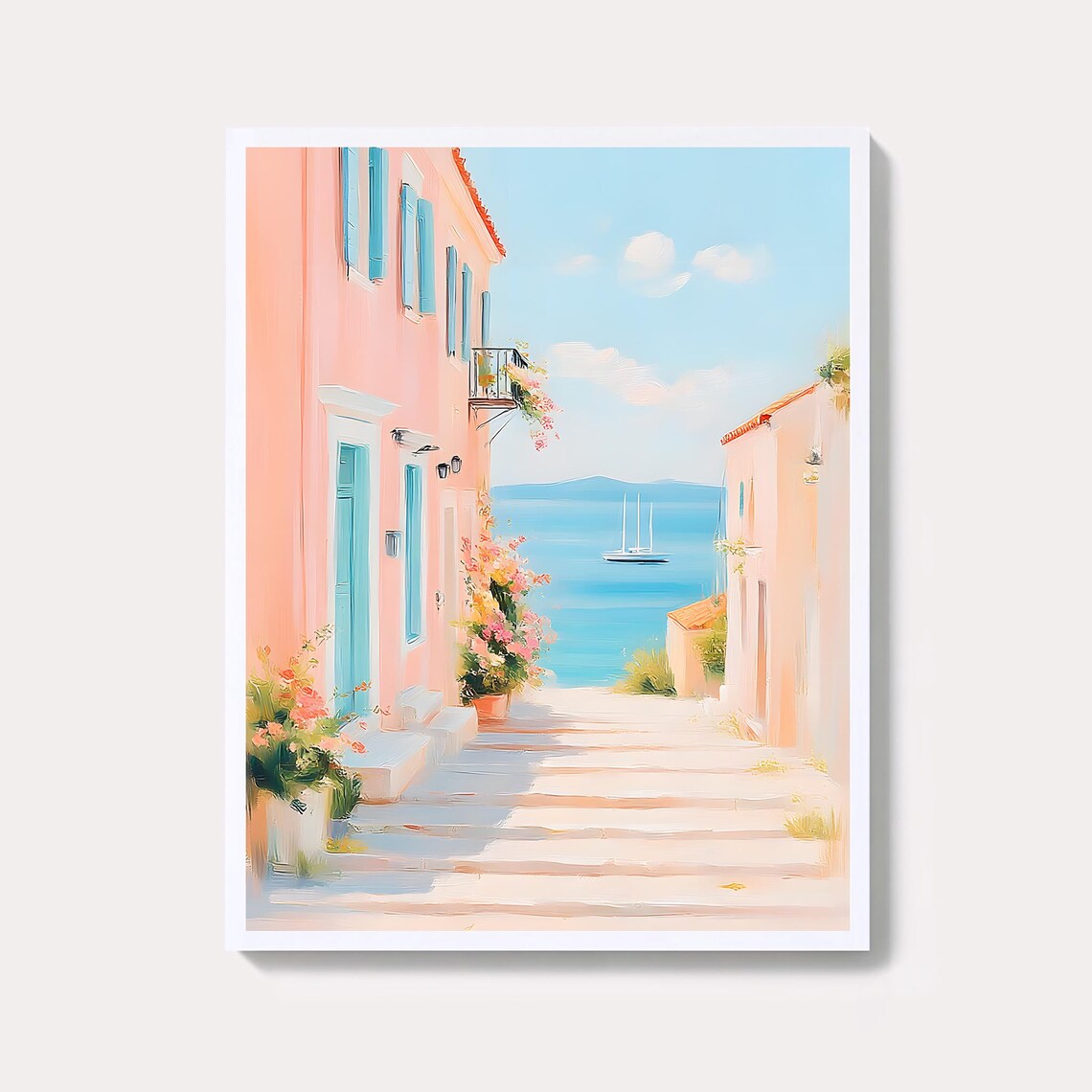Pastel Pink Coastal Street Blue Shutters Seaside Sailboat Wall Art