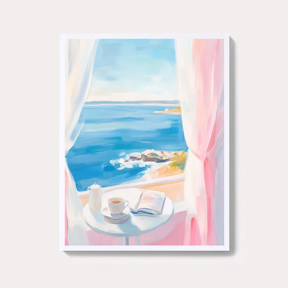 Coastal Cafe Scene Art Print Sea View Coffee Shop Painting