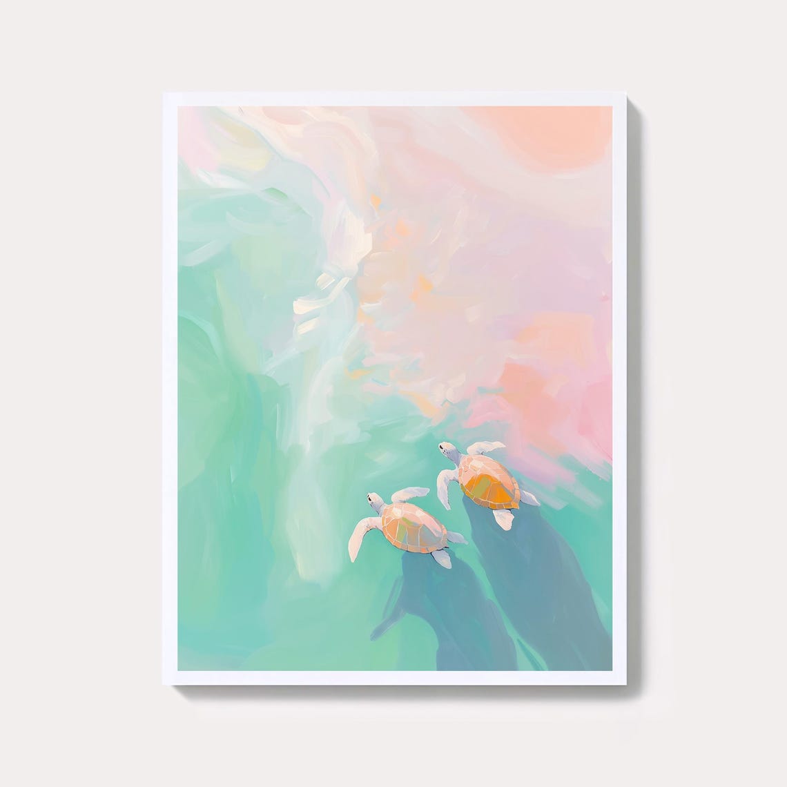 Two Sea Turtles Gliding Through Pastel Turquoise Water Art Poster
