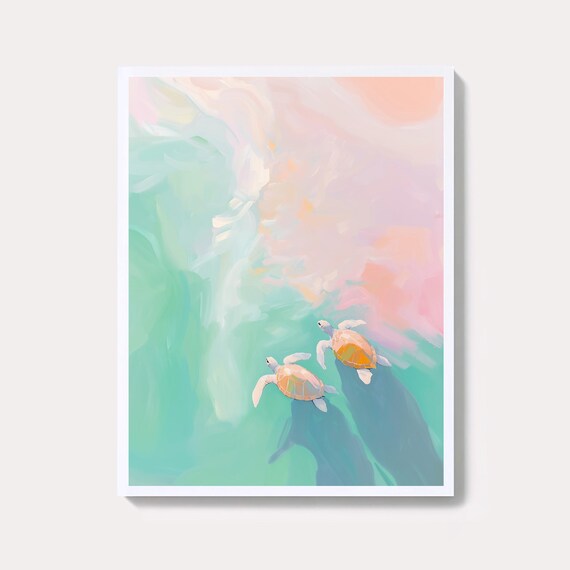 Two Sea Turtles Gliding Through Pastel Turquoise Water Art Poster