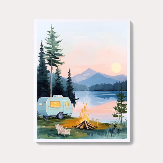 Cozy Retro Camper Trailer Sunset Lake Campfire Watercolor Poster