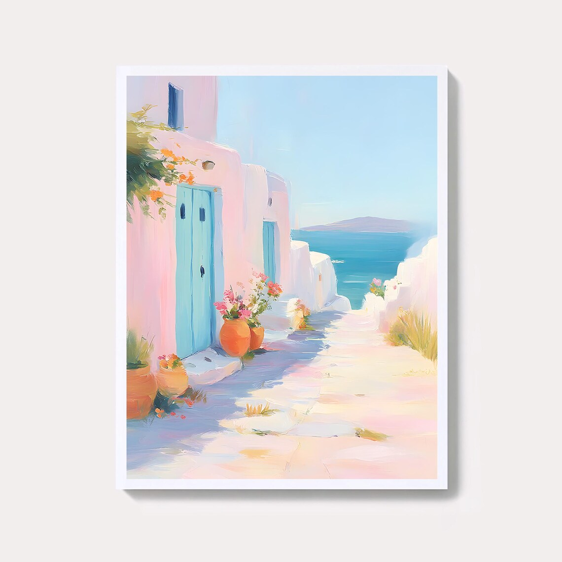 Greek Island Alley White Houses Blue Doors Aegean Sea View Poster